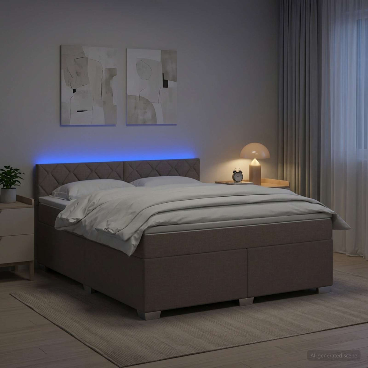 Box Spring Seng med Madras og LED Gråbrun 160 x 200 cm Stof