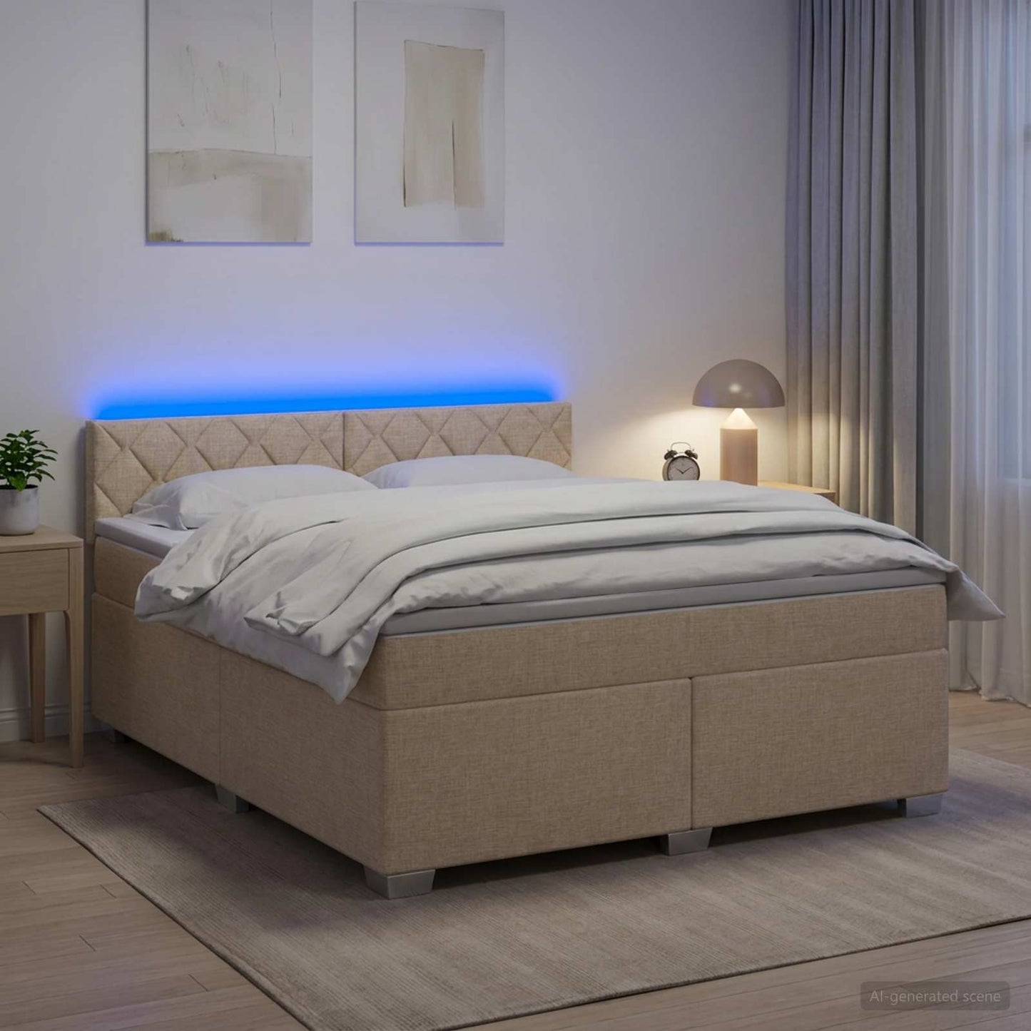 Box Spring Seng med Madras og LED Cremefarvet 160 x 200 cm Stof