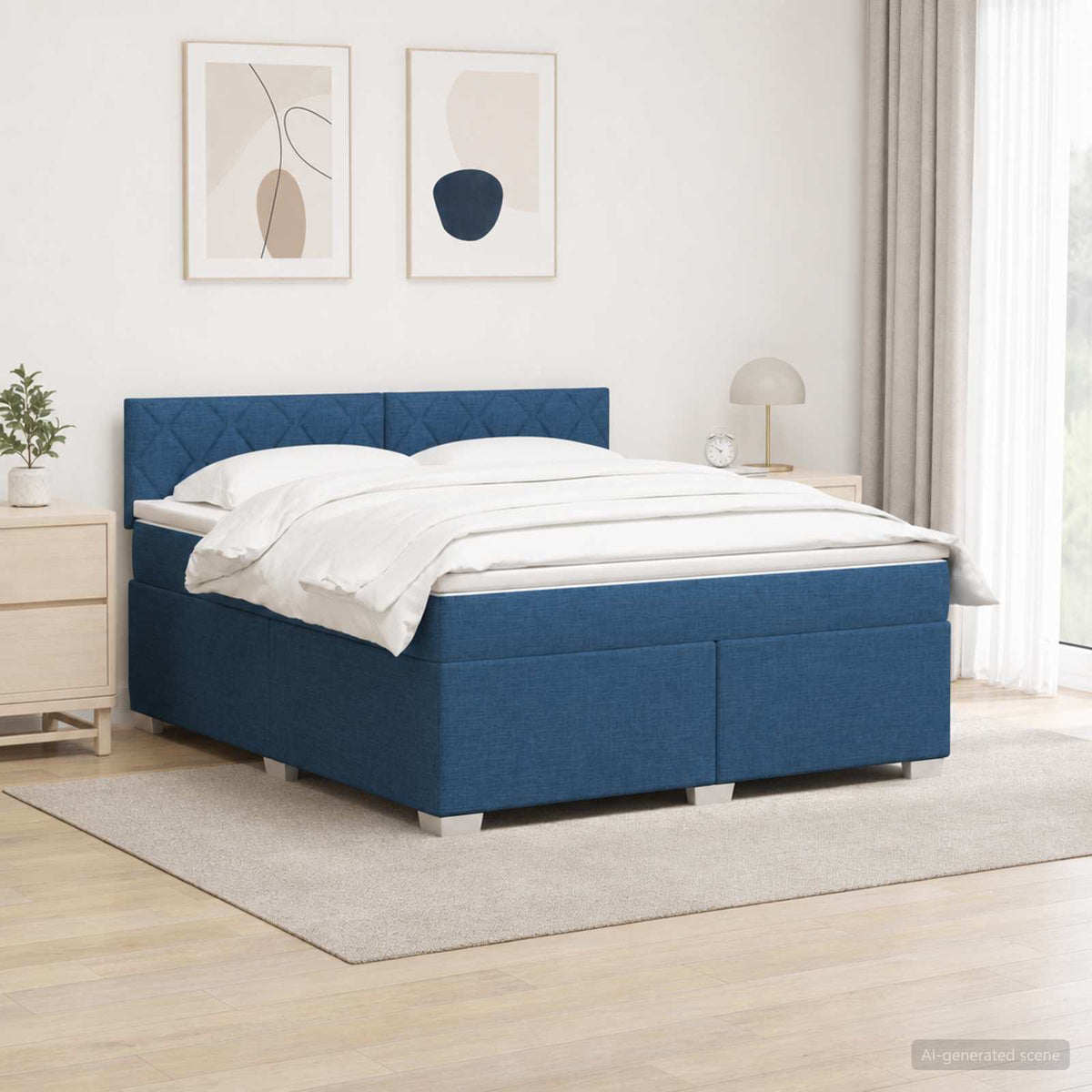 Box Spring Seng med Madras og LED Blå 160 x 200 cm Stof