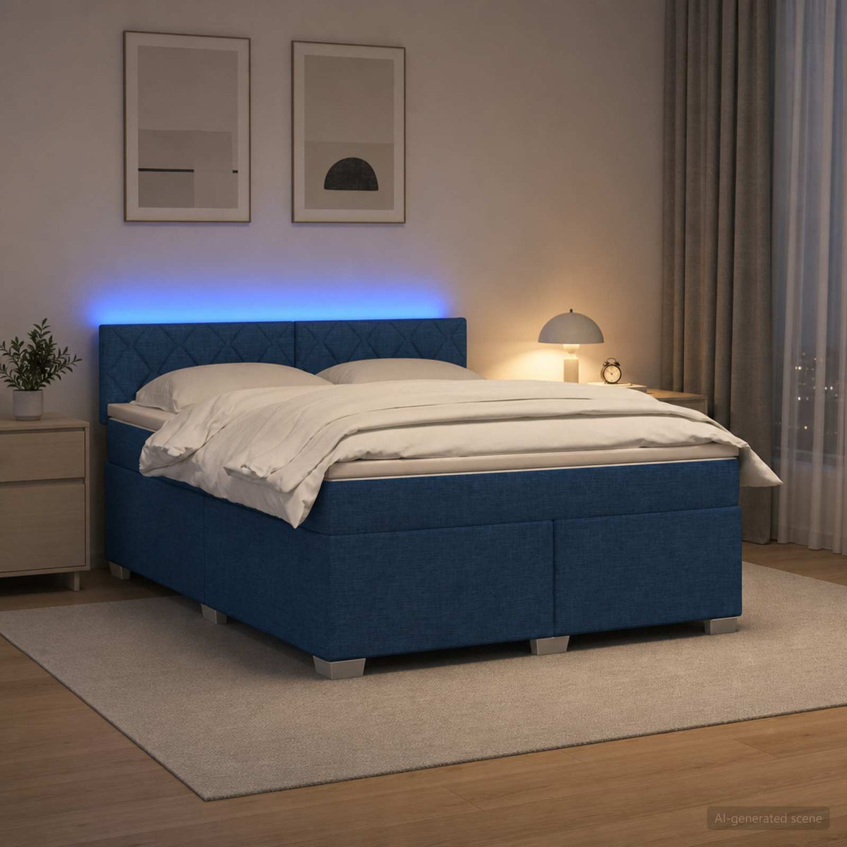 Box Spring Seng med Madras og LED Blå 160 x 200 cm Stof