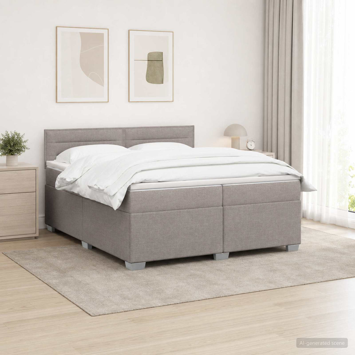 Box Spring Seng med Madras og LED Gråbrun 200 x 200 cm Stof