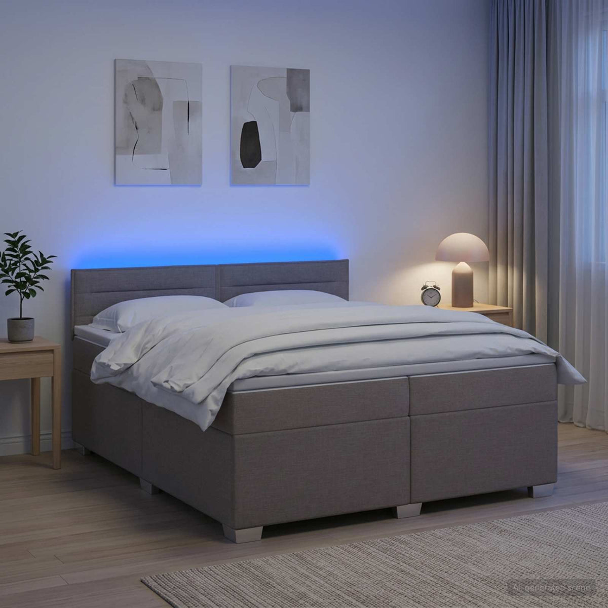 Box Spring Seng med Madras og LED Gråbrun 200 x 200 cm Stof