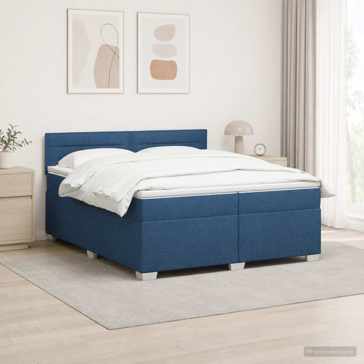 Box Spring Seng med Madras og LED Blå 200 x 200 cm Stof