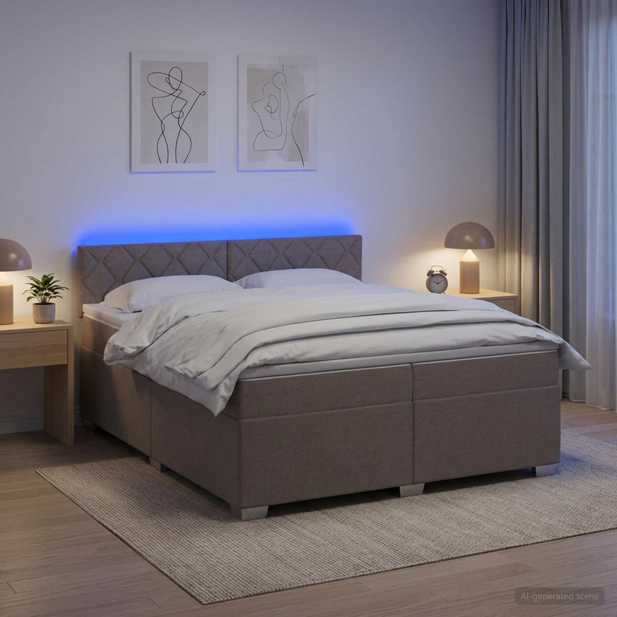 Box Spring Seng med Madras og LED Gråbrun 200 x 200 cm Stof
