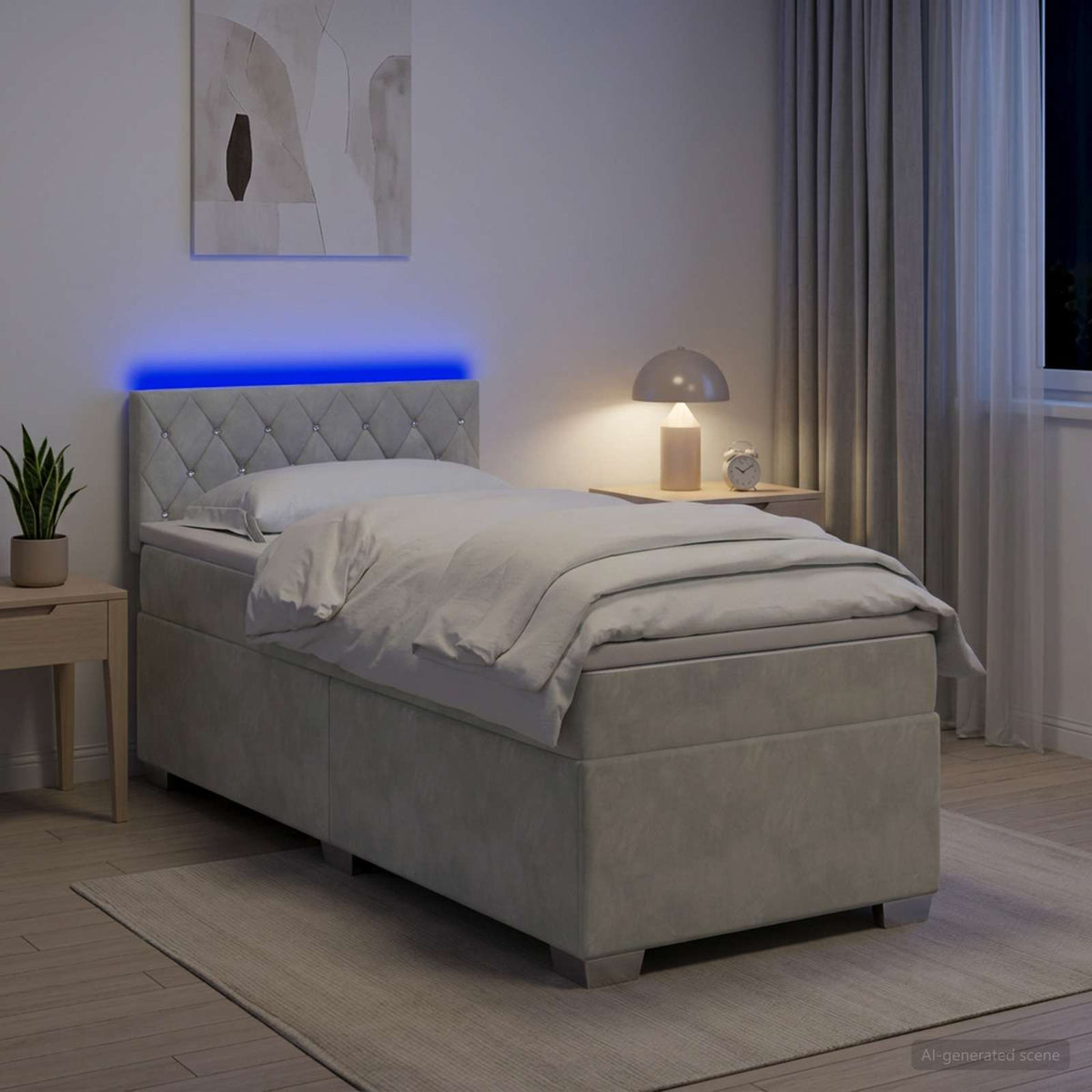Box Spring Seng med Madras og LED Lysegrå 90 x 200 cm Velour