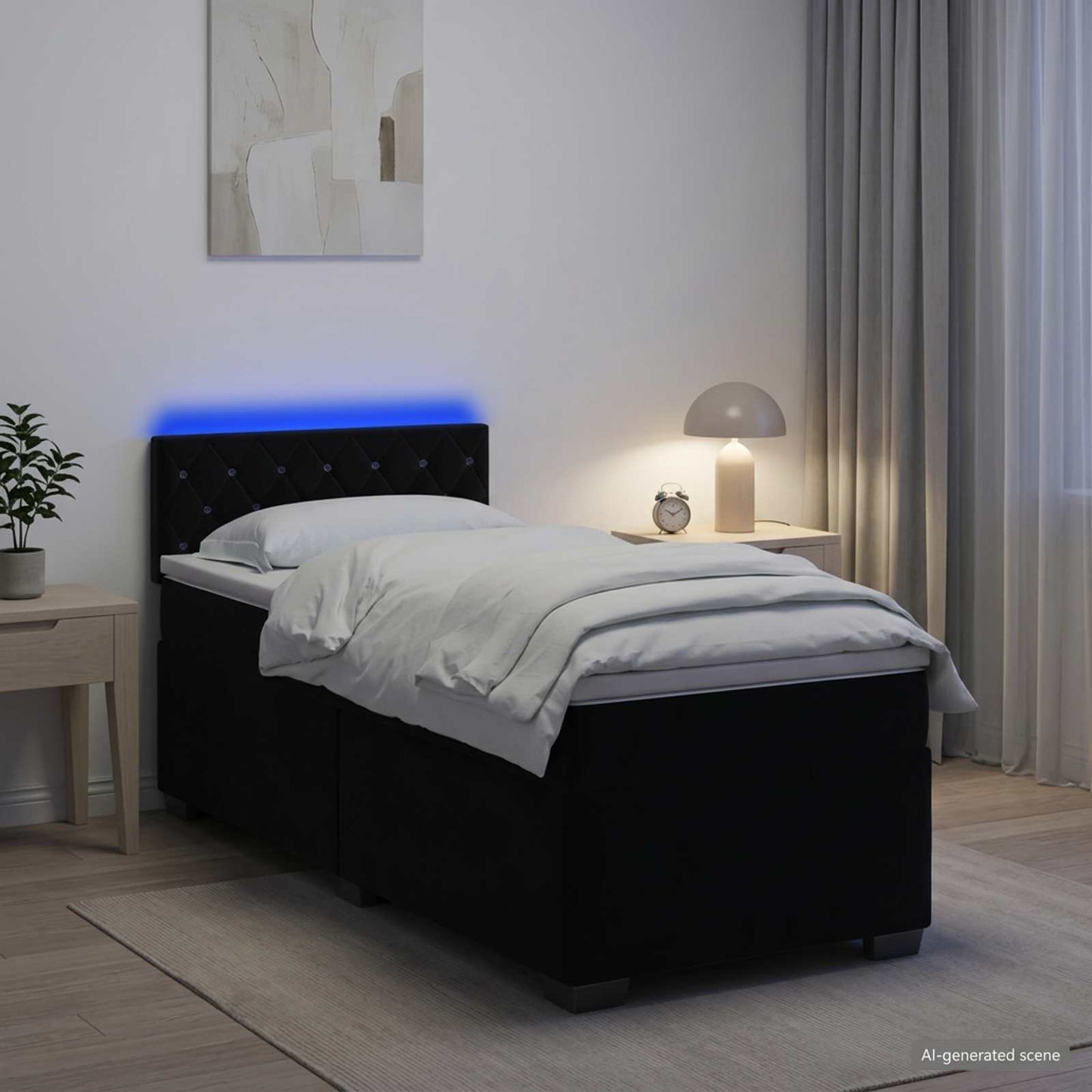 Box Spring Seng med Madras og LED Sort 100 x 200 cm Velour