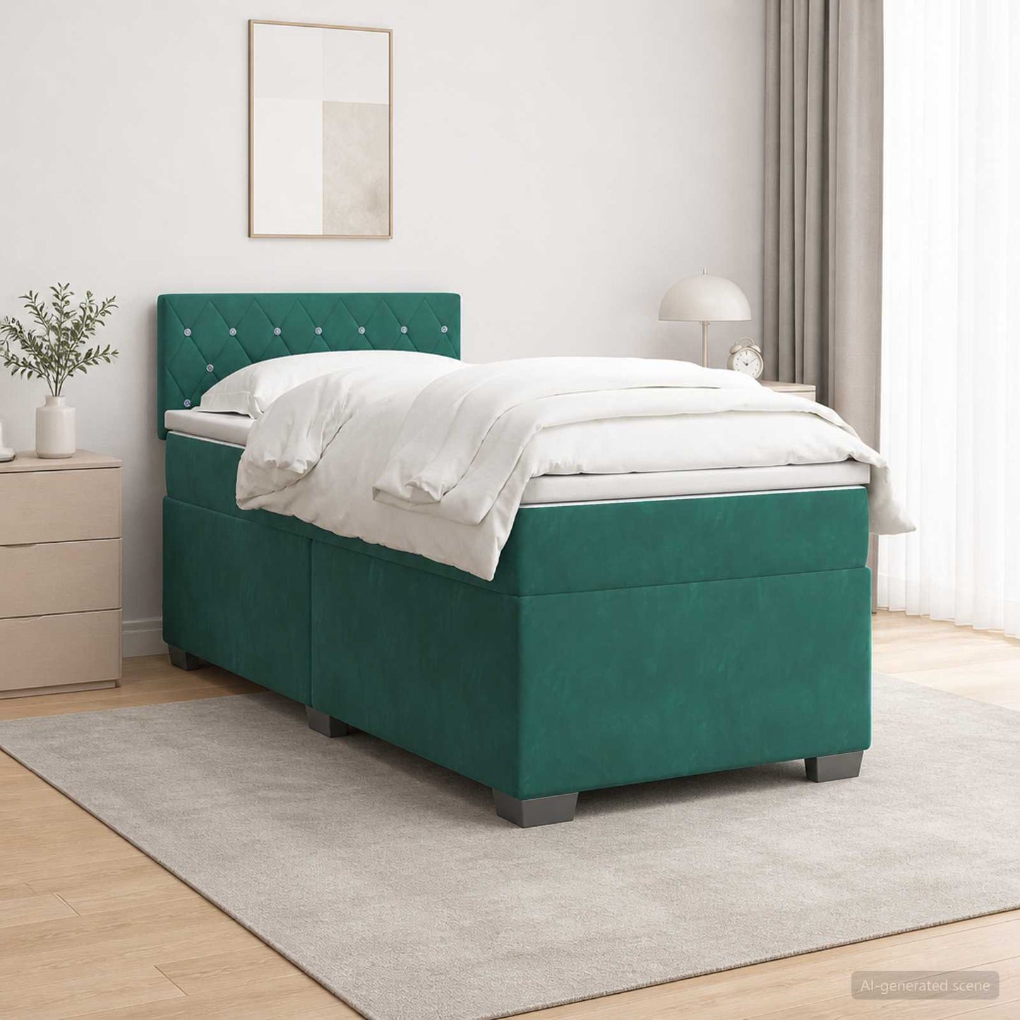 Box Spring Seng med Madras og LED Mørkegrøn 90 x 200 cm Velour