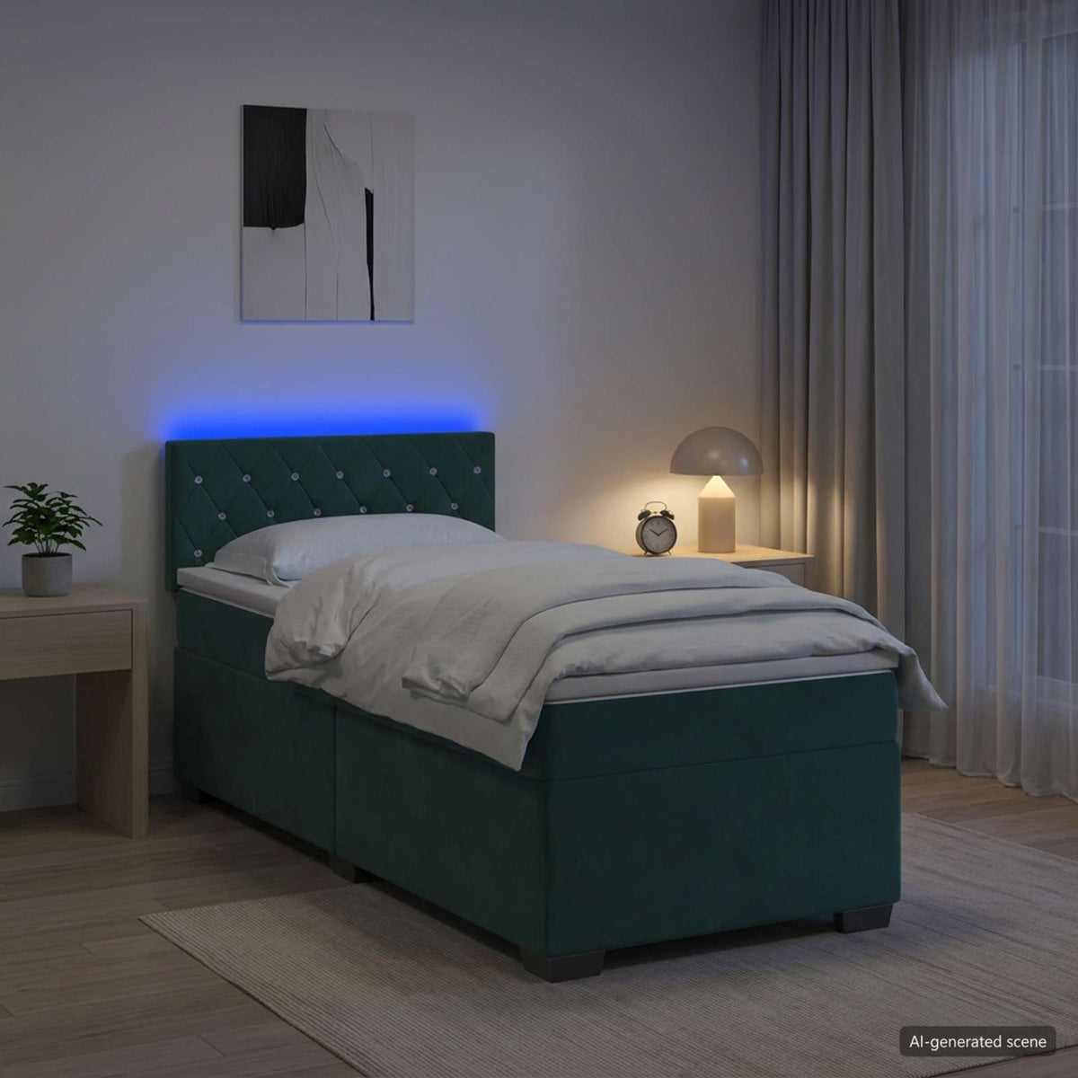 Box Spring Seng med Madras og LED Mørkegrøn 100 x 200 cm Velour