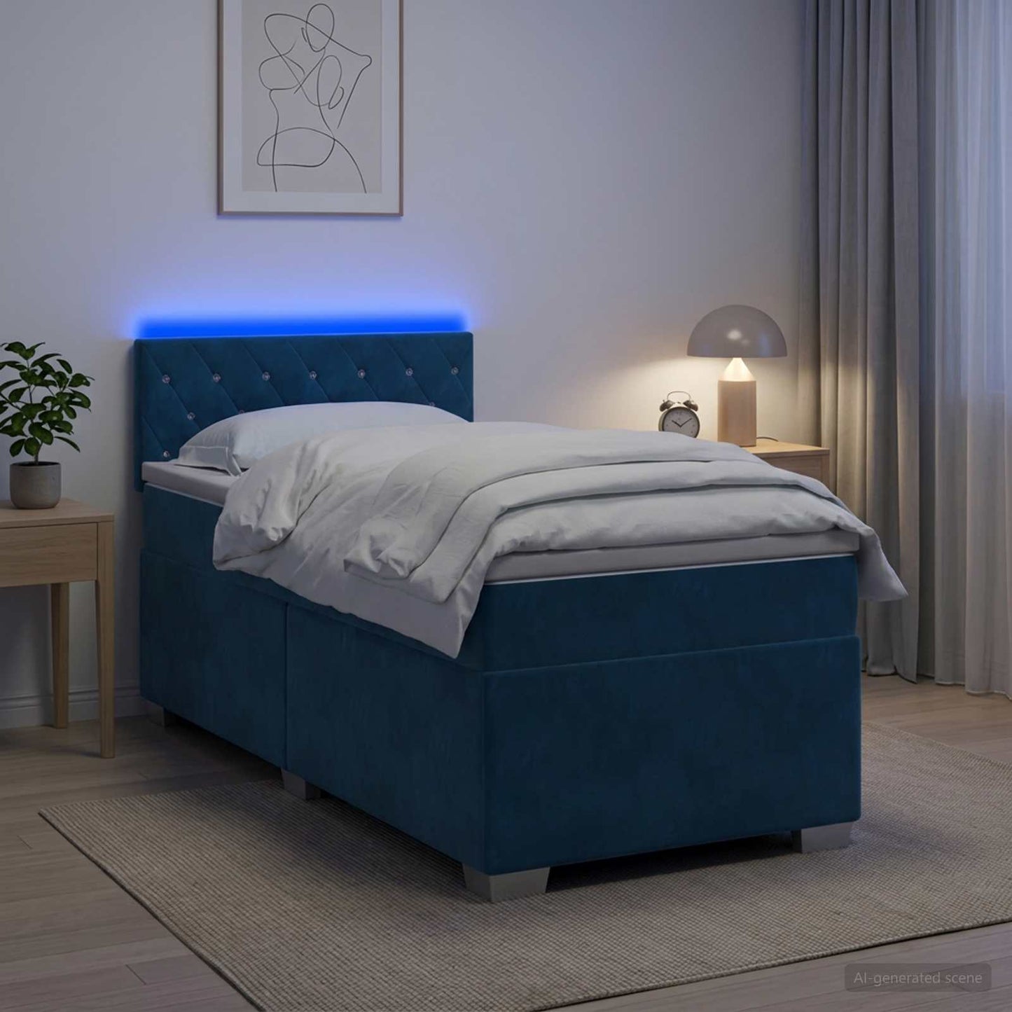 Box Spring Seng med Madras og LED Blå 80 x 200 cm Velour