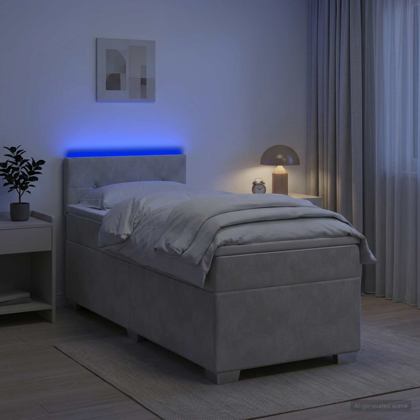 Box Spring Seng med Madras og LED Lysegrå Enkelt Velour