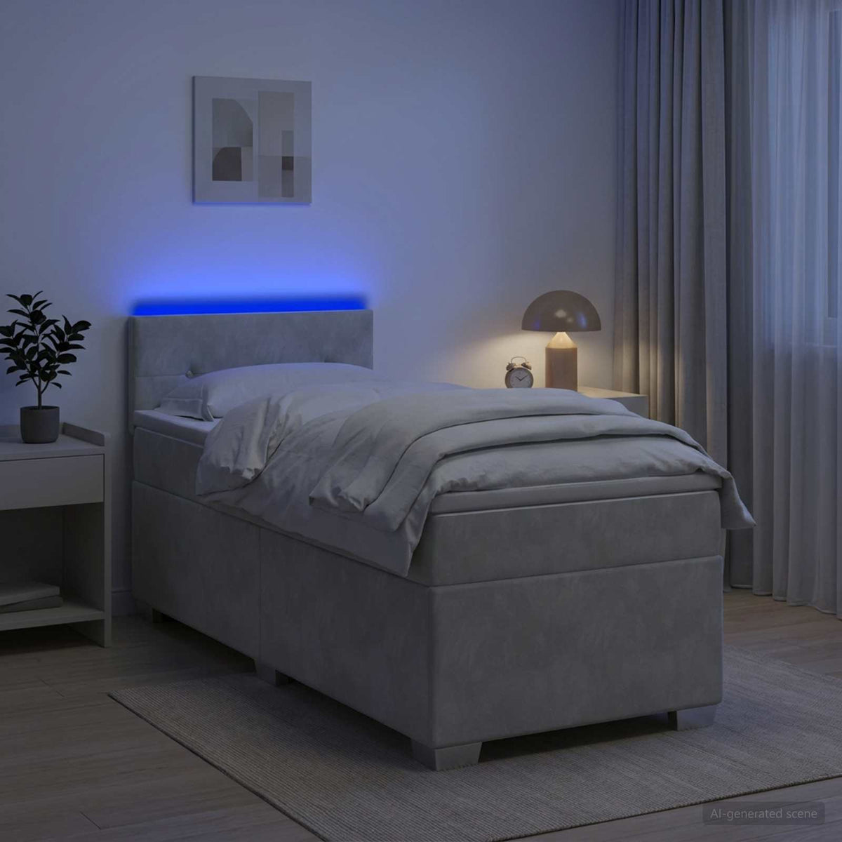 Box Spring Seng med Madras og LED Lysegrå 90 x 190 cm Velour