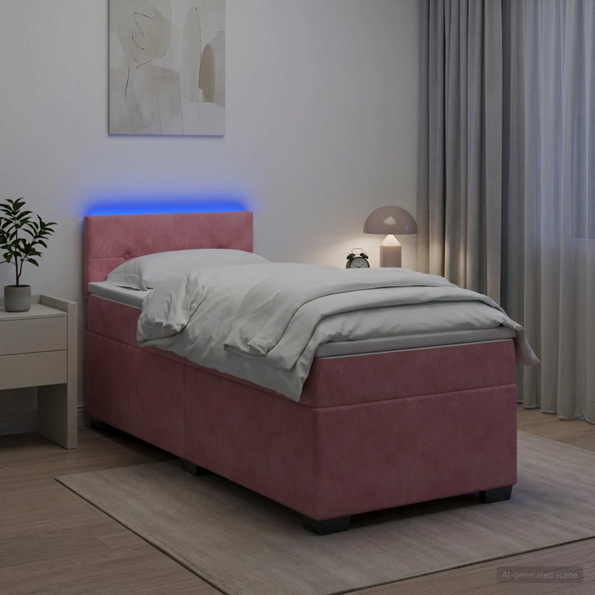 Box Spring Seng med Madras og LED Lyserød 90 x 200 cm Velour