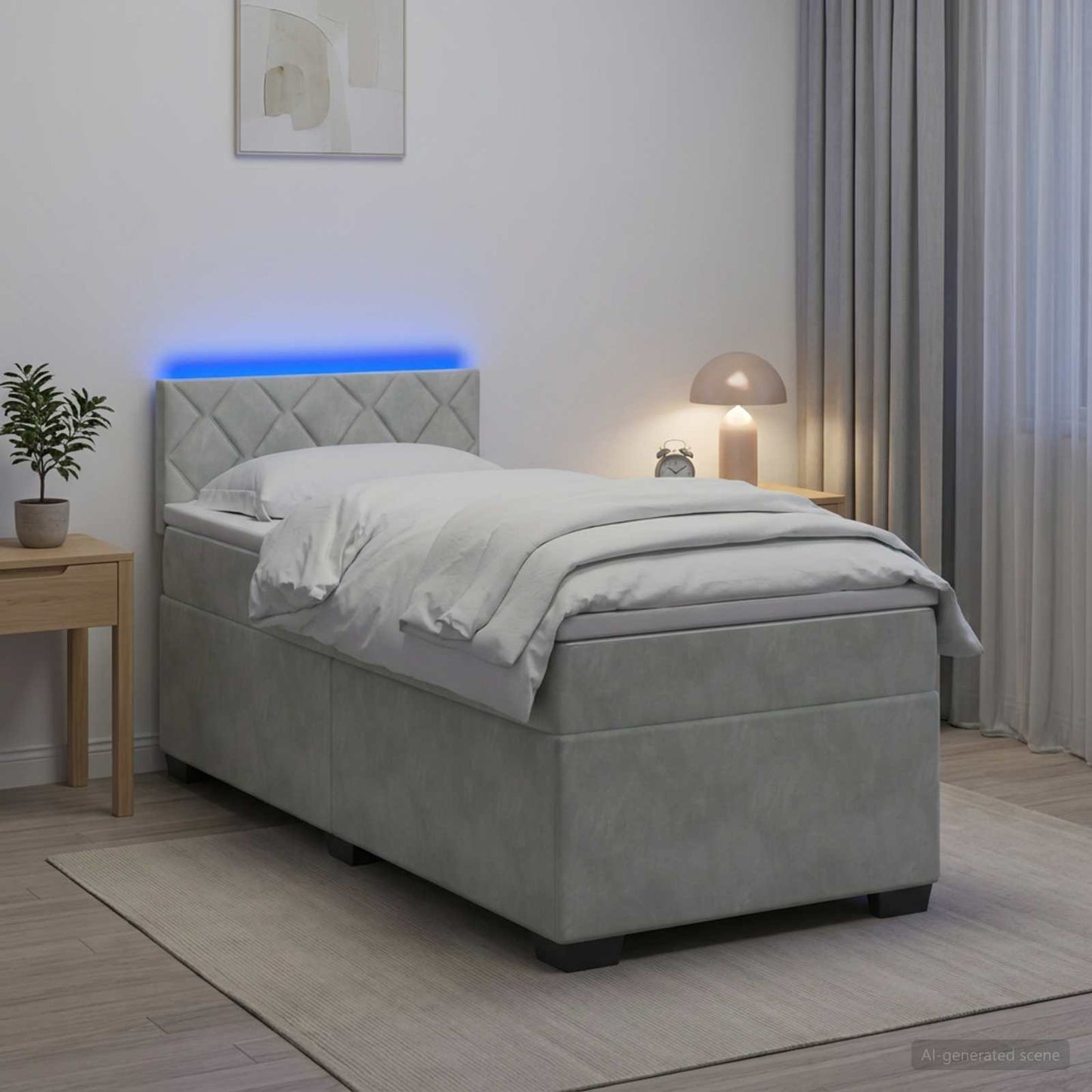 Box Spring Seng med Madras og LED Lysegrå 90 x 190 cm Velour