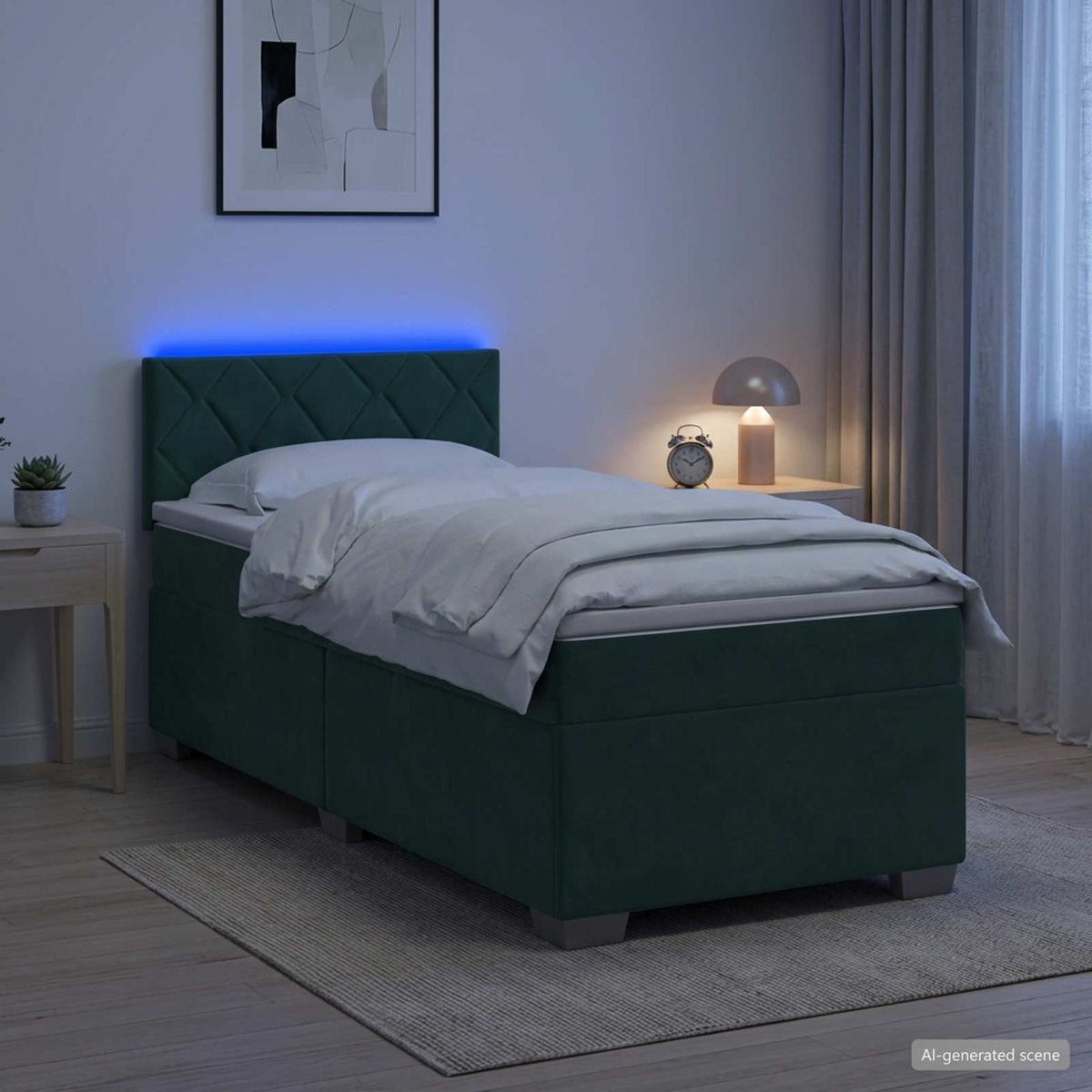 Box Spring Seng med Madras og LED Mørkegrøn 90 x 200 cm Velour