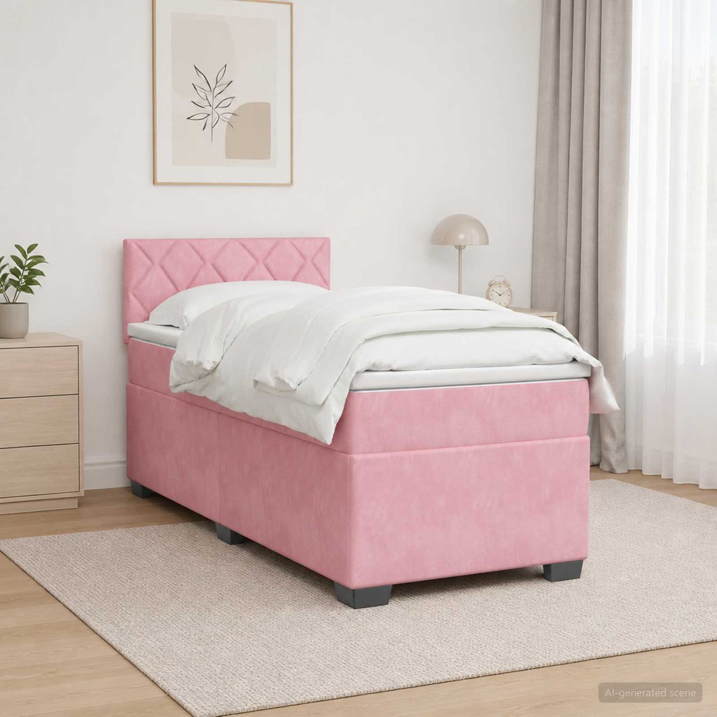 Box Spring Seng med Madras og LED Lyserød 90 x 200 cm Velour