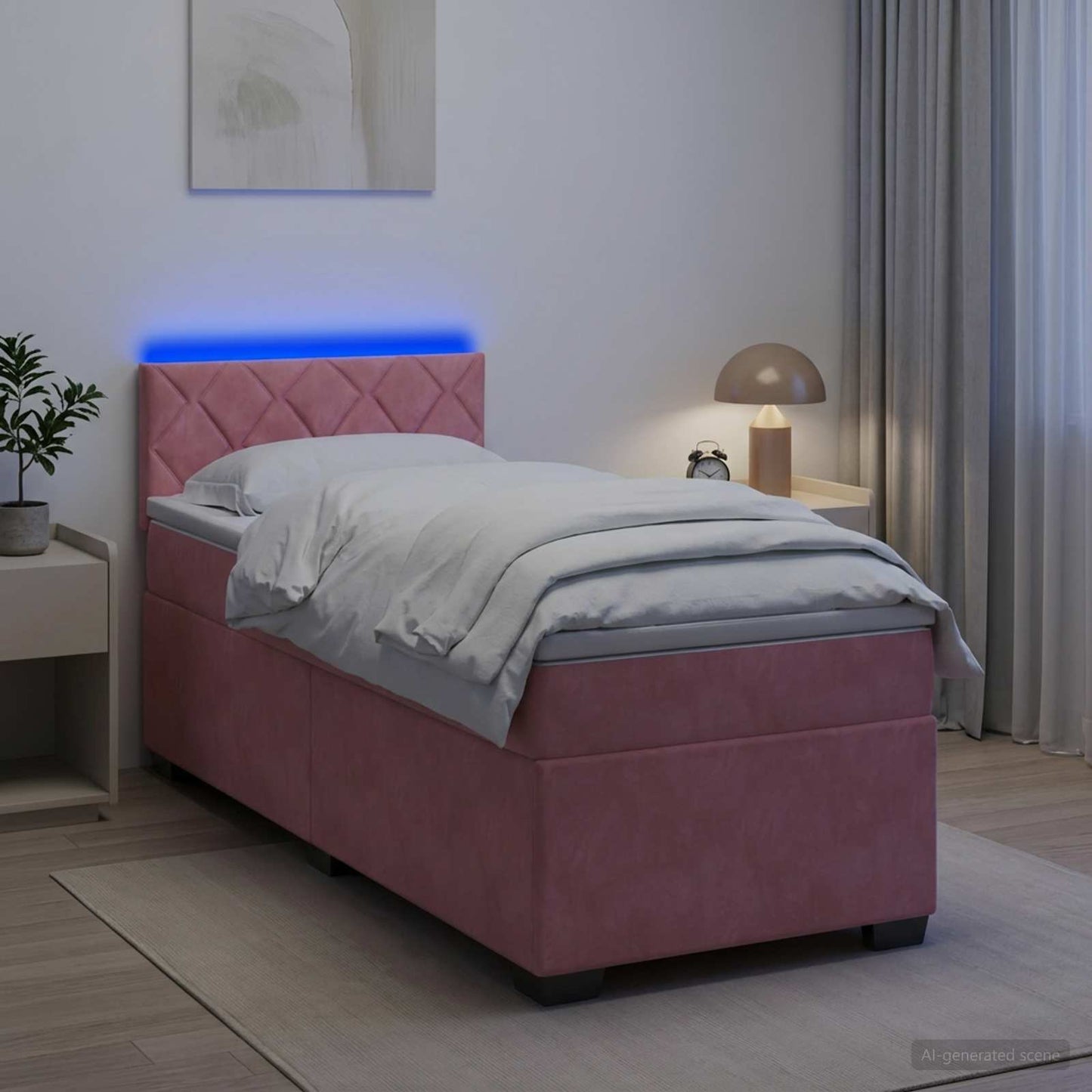 Box Spring Seng med Madras og LED Lyserød 90 x 200 cm Velour