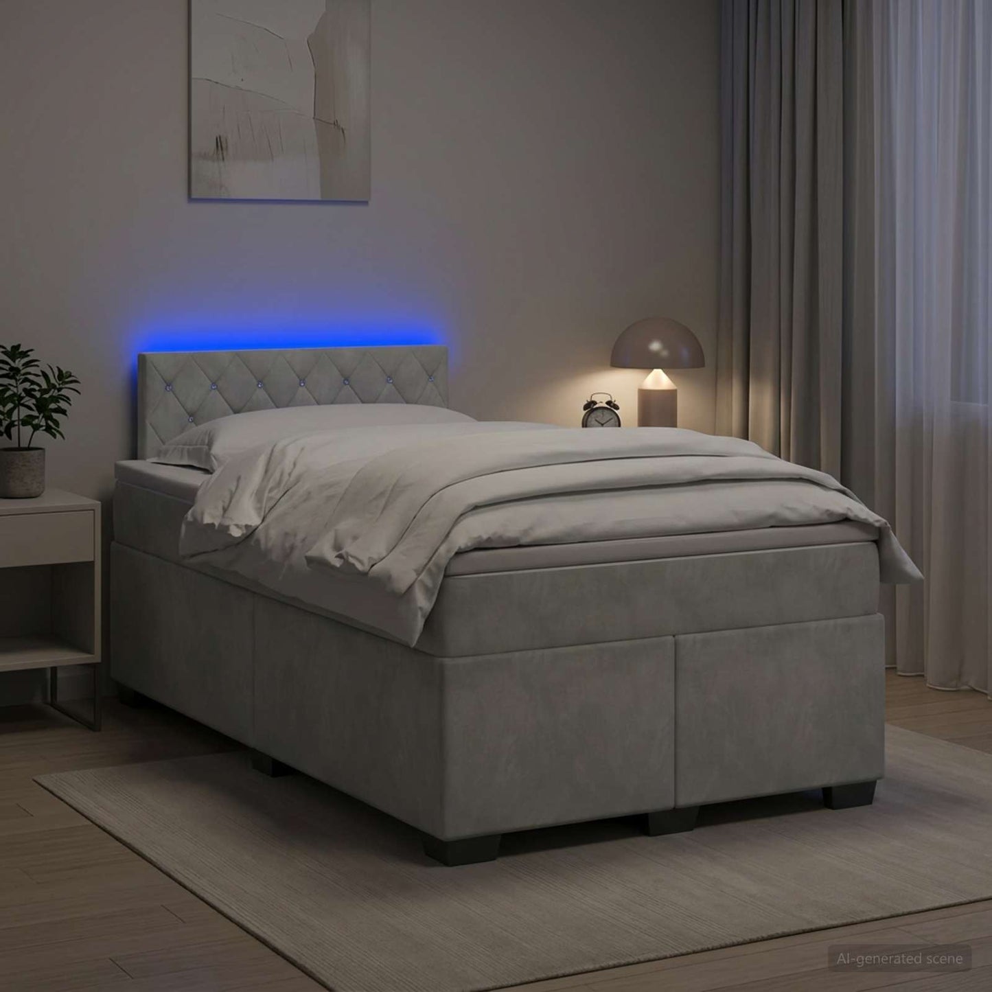 Box Spring Seng med Madras og LED Lysegrå 120 x 190 cm Velour