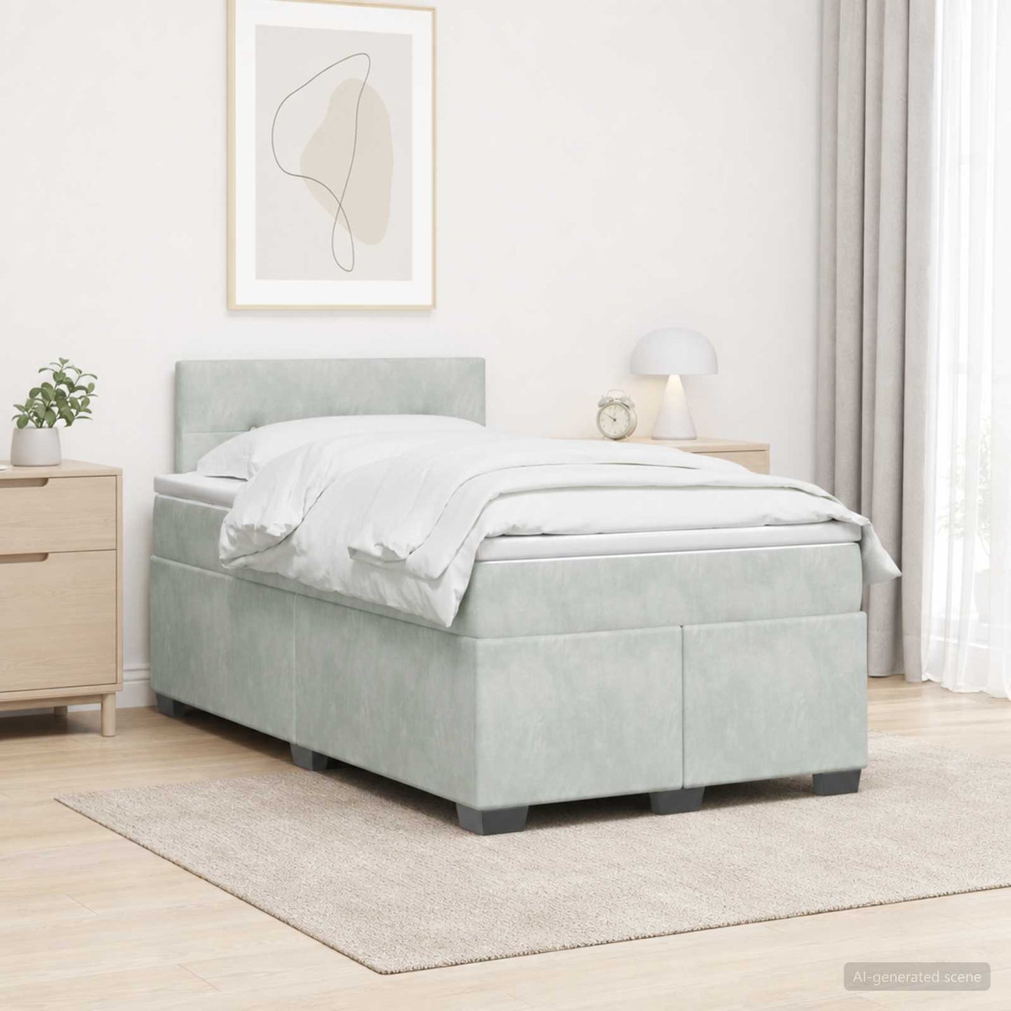 Box Spring Seng med Madras og LED Lysegrå 120 x 190 cm Velour