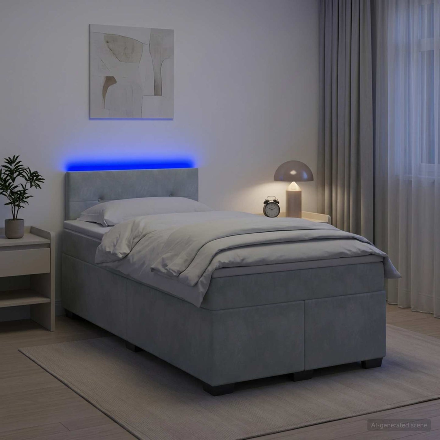 Box Spring Seng med Madras og LED Lysegrå 120 x 190 cm Velour