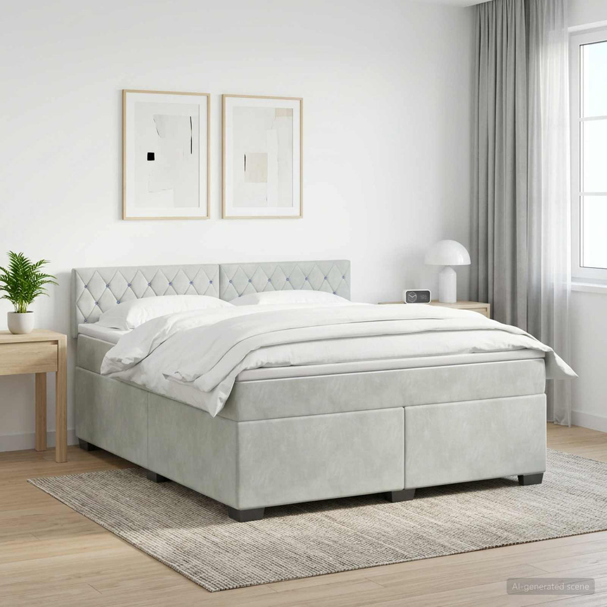 Box Spring Seng med Madras og LED Lysegrå 180 x 200 cm Velour