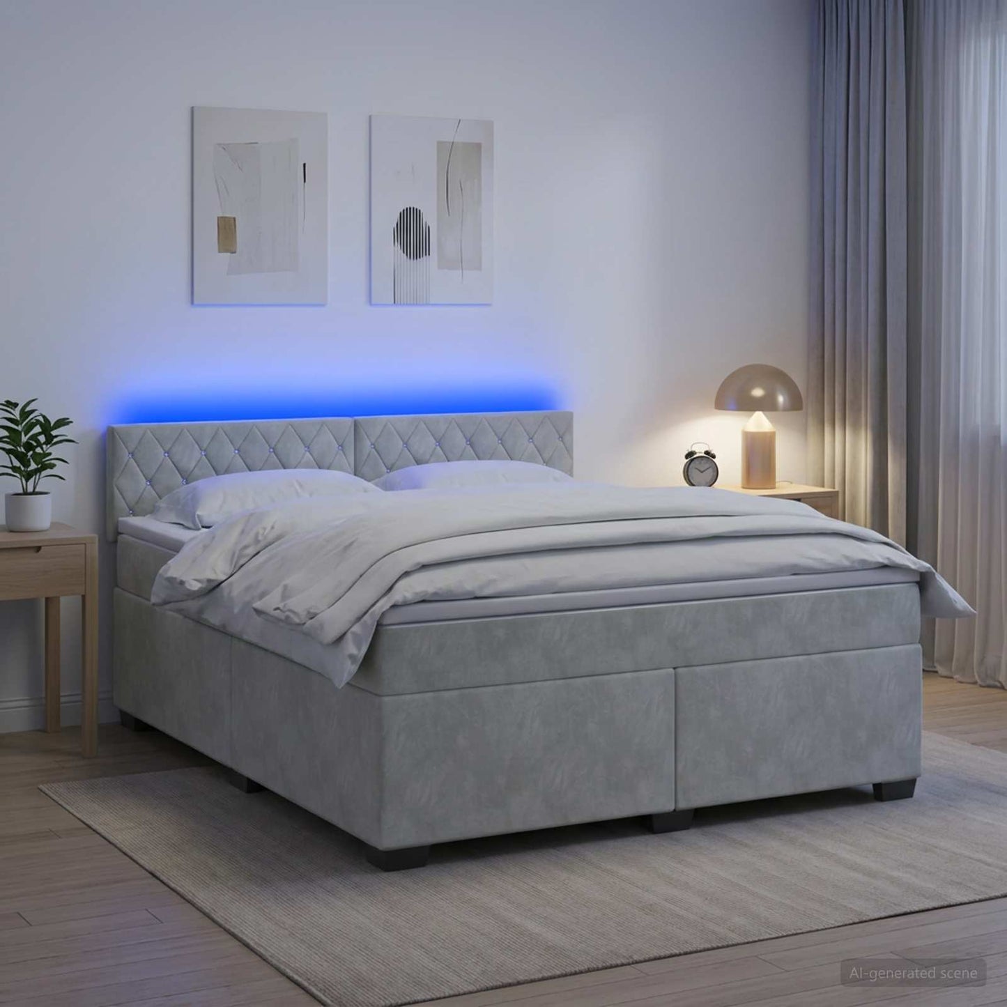 Box Spring Seng med Madras og LED Lysegrå 180 x 200 cm Velour
