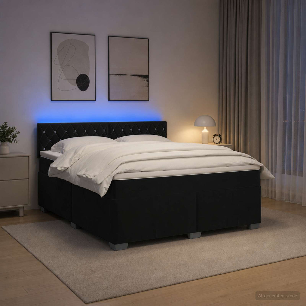 Box Spring Seng med Madras og LED Sort 140 x 200 cm Velour
