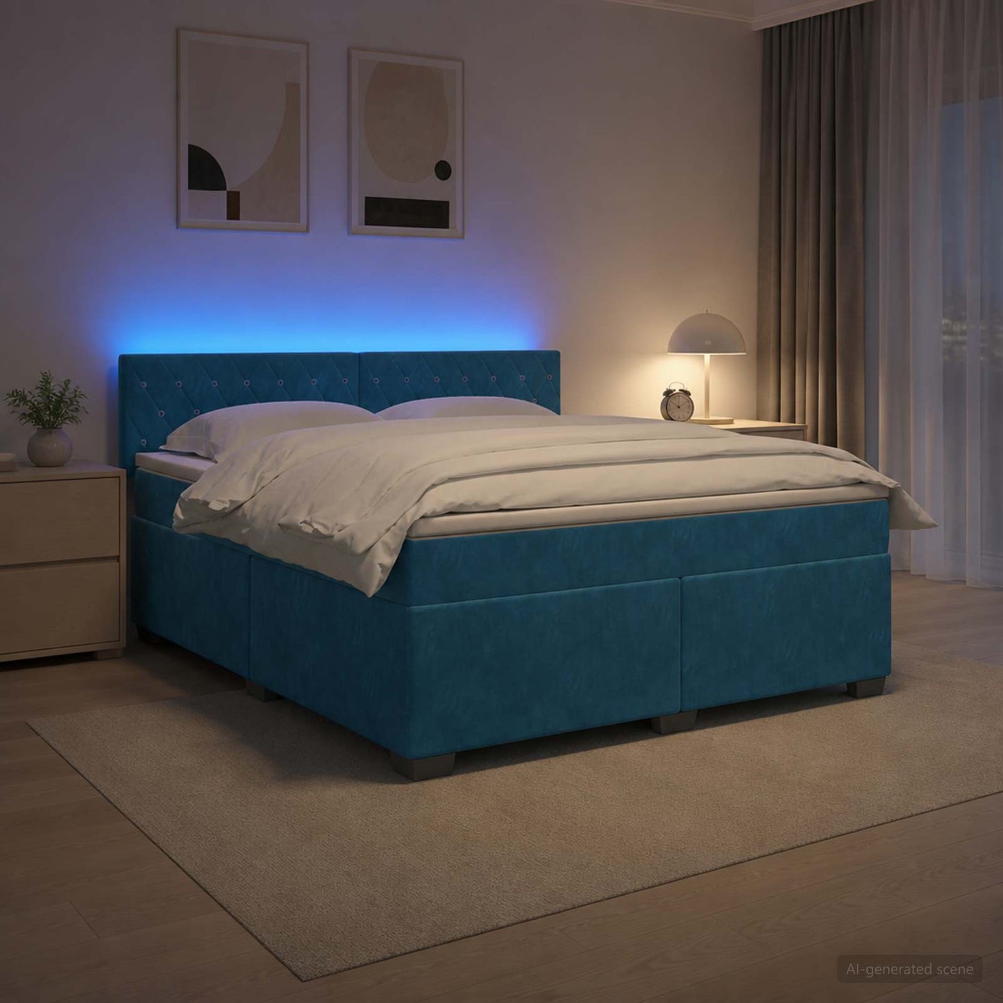 Box Spring Seng med Madras og LED Blå 160 x 200 cm Velour