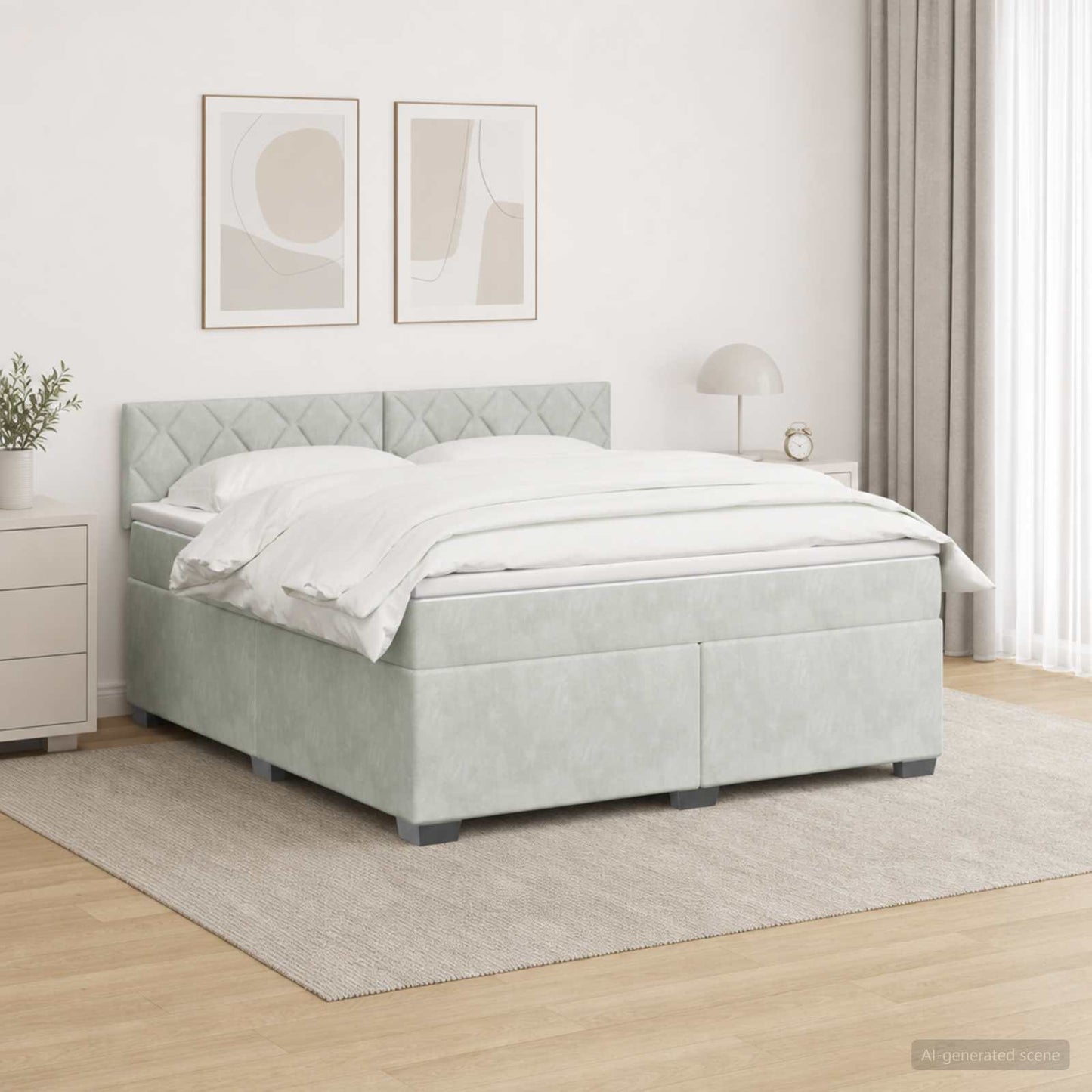 Box Spring Seng med Madras og LED Lysegrå 180 x 200 cm Velour