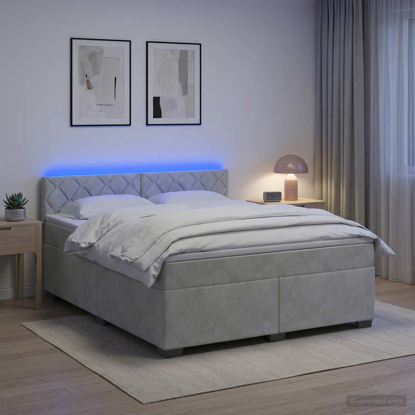 Box Spring Seng med Madras og LED Lysegrå 180 x 200 cm Velour