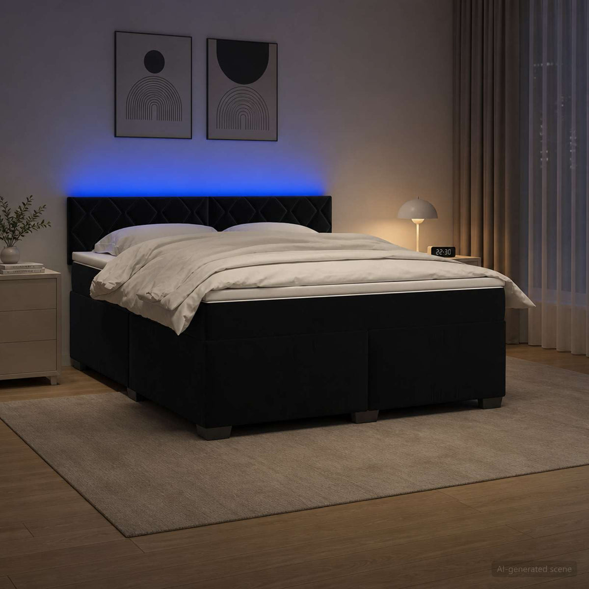 Box Spring Seng med Madras og LED Sort 160 x 200 cm Velour