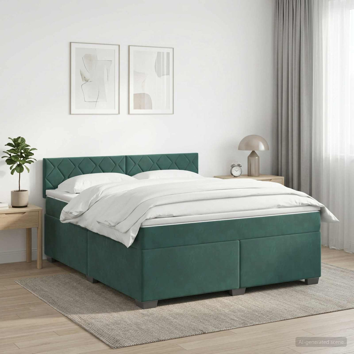 Box Spring Seng med Madras og LED Mørkegrøn 160 x 200 cm Velour