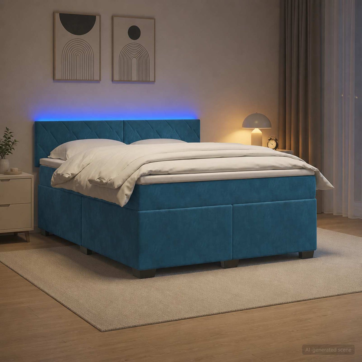 Box Spring Seng med Madras og LED Blå 160 x 200 cm Velour