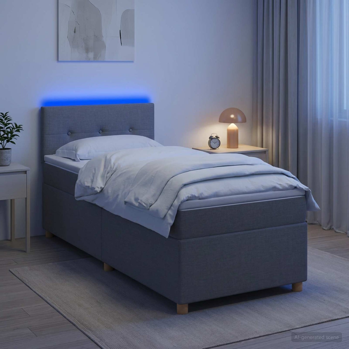 Box Spring Seng med Madras og LED Lysegrå 90 x 190 cm Stof
