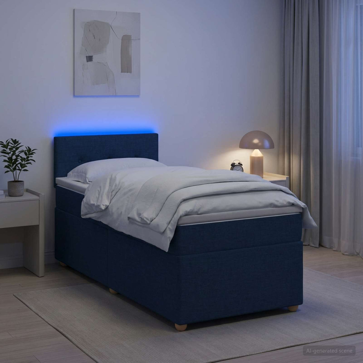 Boxmadras med topmadras med hovedgærde Blå 90 x 190 cm Stof
