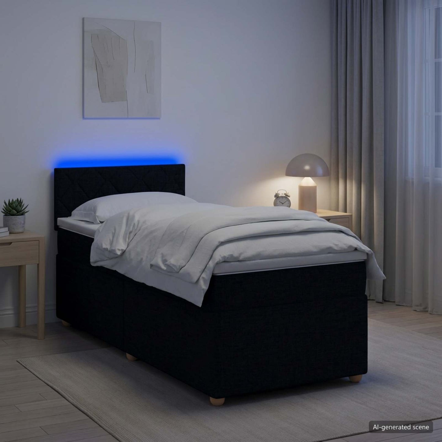 Boxmadras med topmadras med hovedgærde Sort 90 x 190 cm Stof