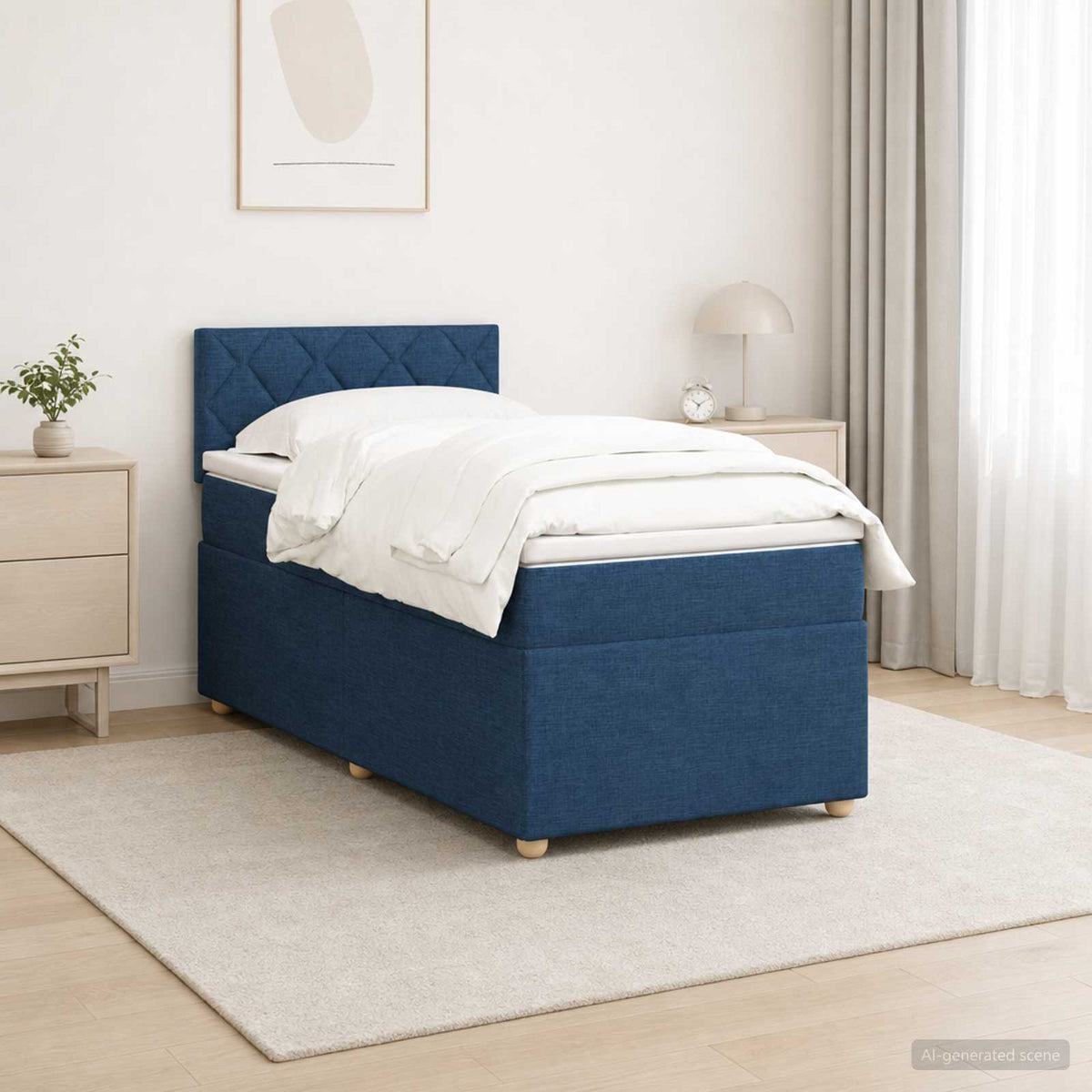 Boxmadras med topmadras med hovedgærde Blå 90 x 190 cm Stof