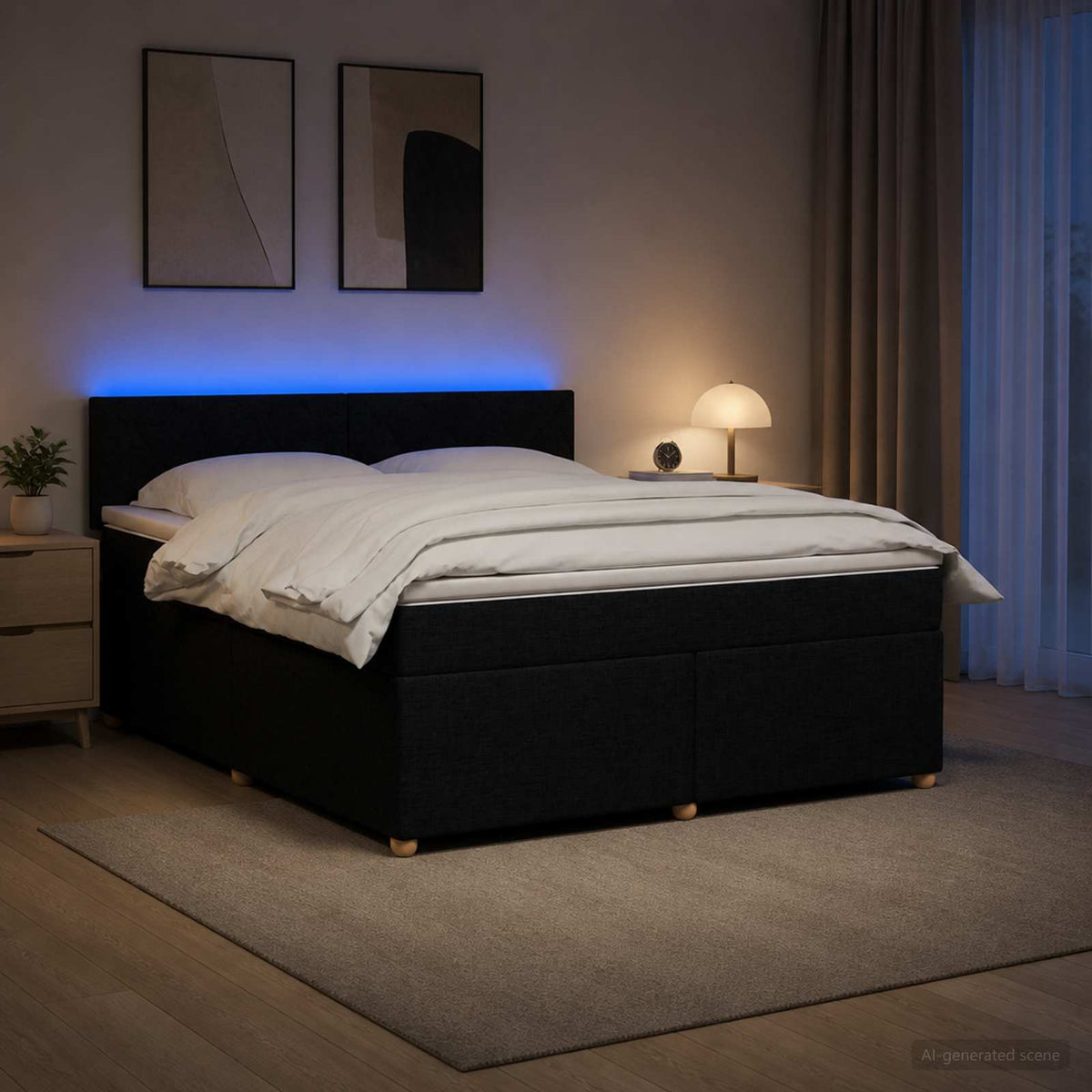 Boxmadras med topmadras med hovedgærde Sort 180 x 200 cm Stof