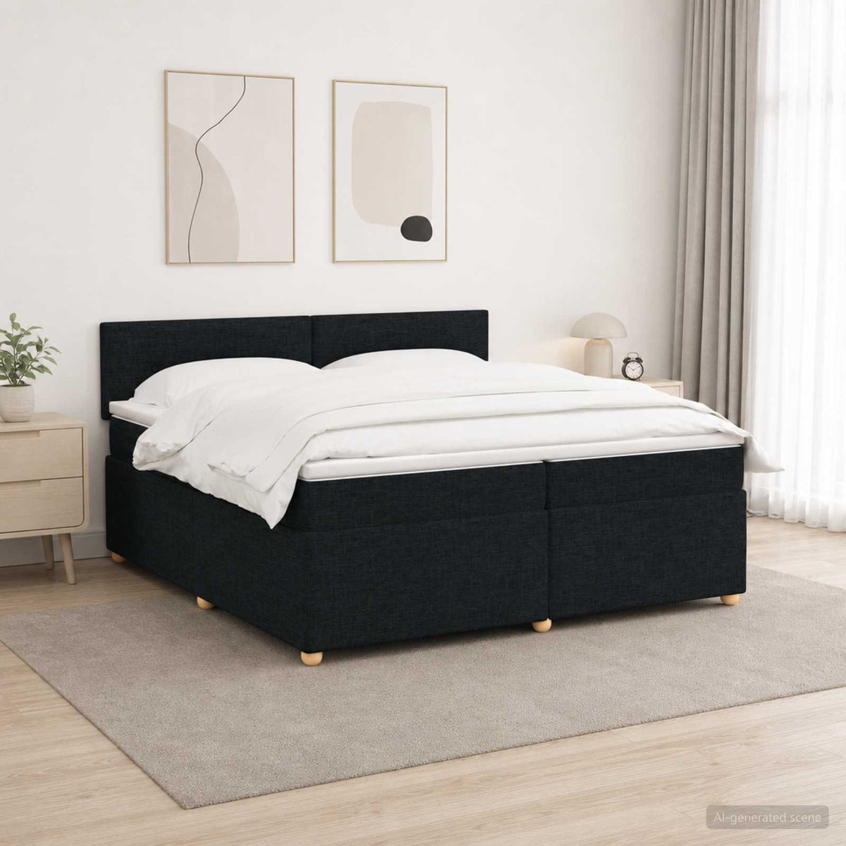 Boxmadras med topmadras med hovedgærde Sort 200 x 200 cm Stof