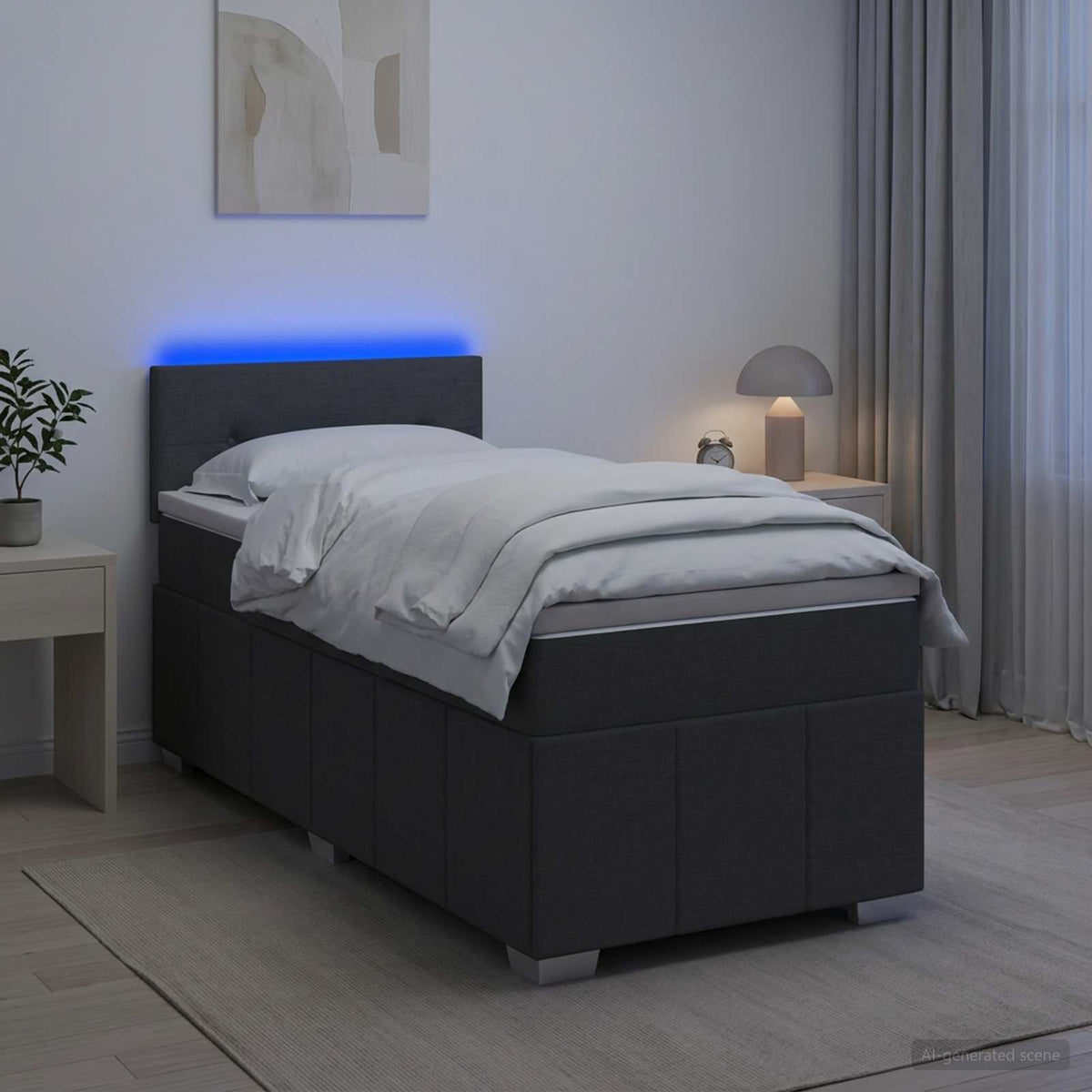 Box Spring Seng med Madras og LED Mørkegrå 90 x 190 cm Stof