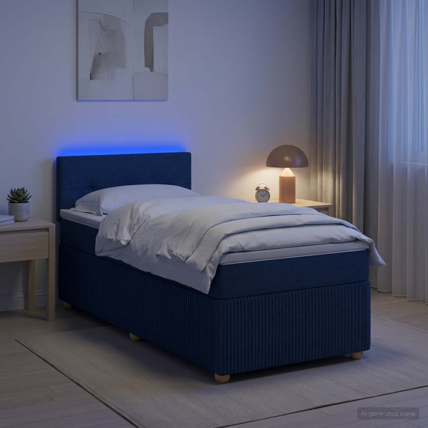 Boxmadras med topmadras med hovedgærde Blå 90 x 190 cm Stof