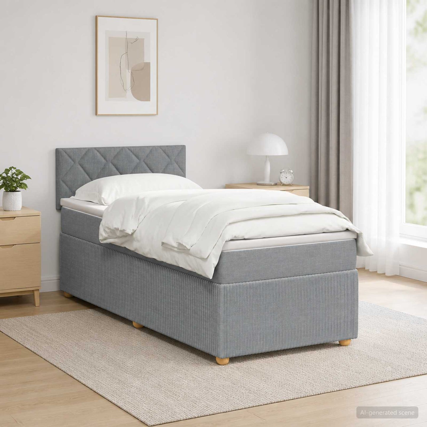 Box Spring Seng med Madras og LED Lysegrå 90 x 190 cm Stof