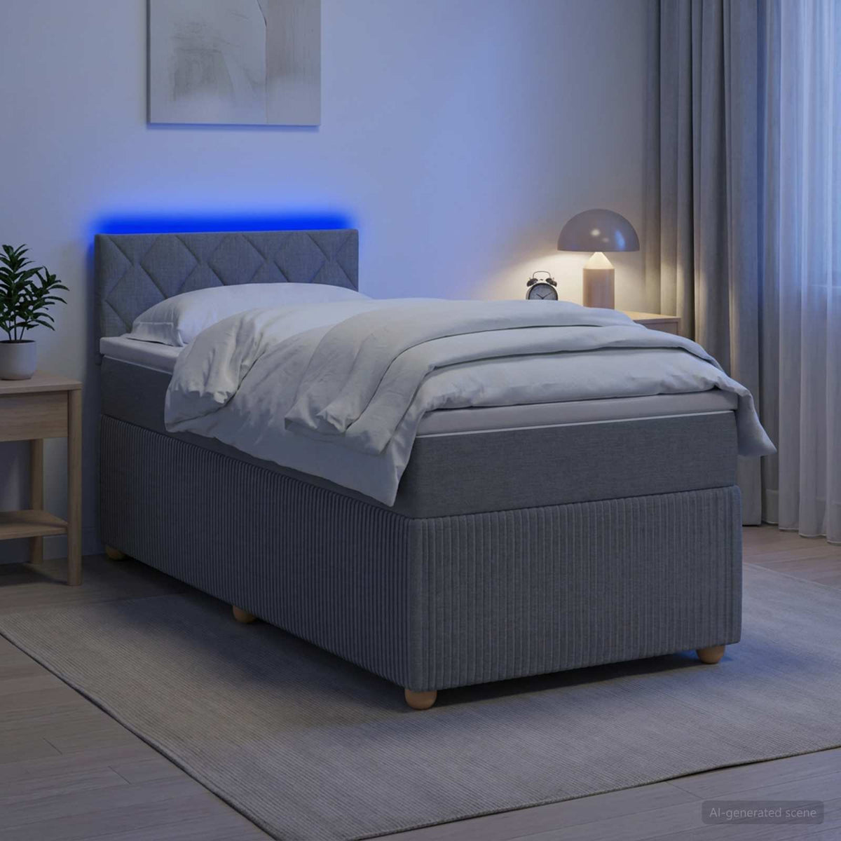 Box Spring Seng med Madras og LED Lysegrå 90 x 190 cm Stof