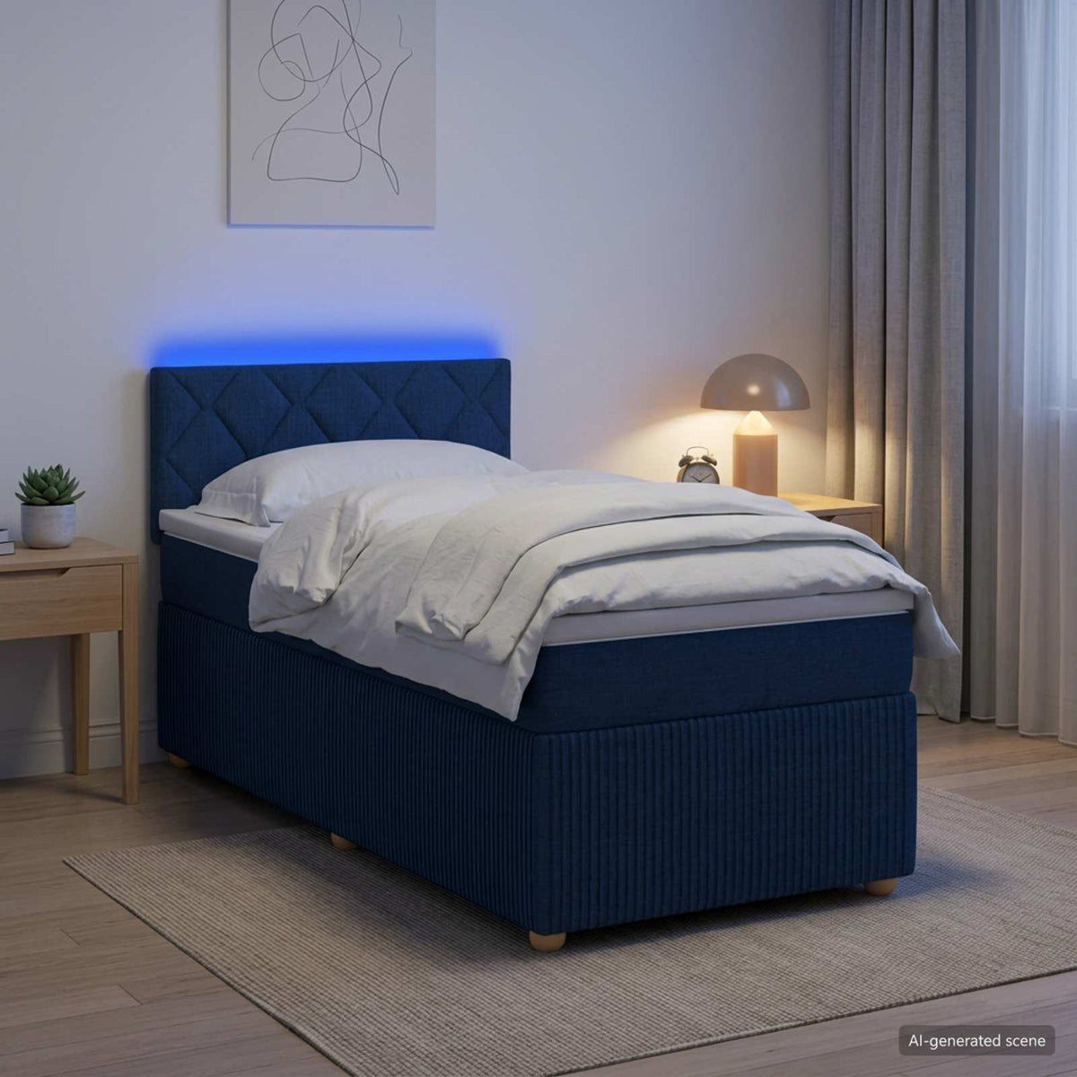 Boxmadras med topmadras med hovedgærde Blå 90 x 190 cm Stof