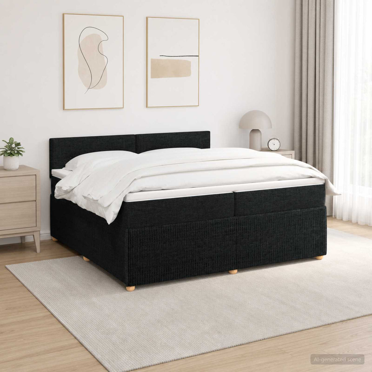Boxmadras med topmadras med hovedgærde Sort 200 x 200 cm Stof