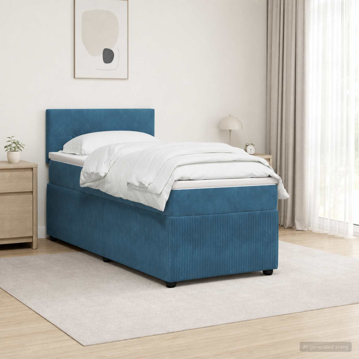 Boxmadras med topmadras med hovedgærde Blå 90 x 190 cm Fløjl