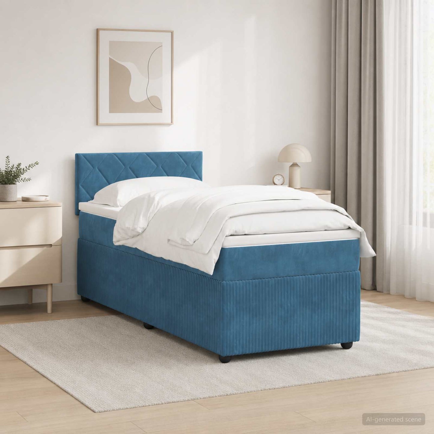 Boxmadras med topmadras med hovedgærde Blå 90 x 190 cm Fløjl