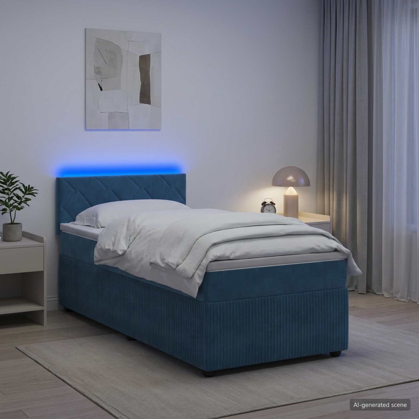 Boxmadras med topmadras med hovedgærde Blå 90 x 200 cm Fløjl