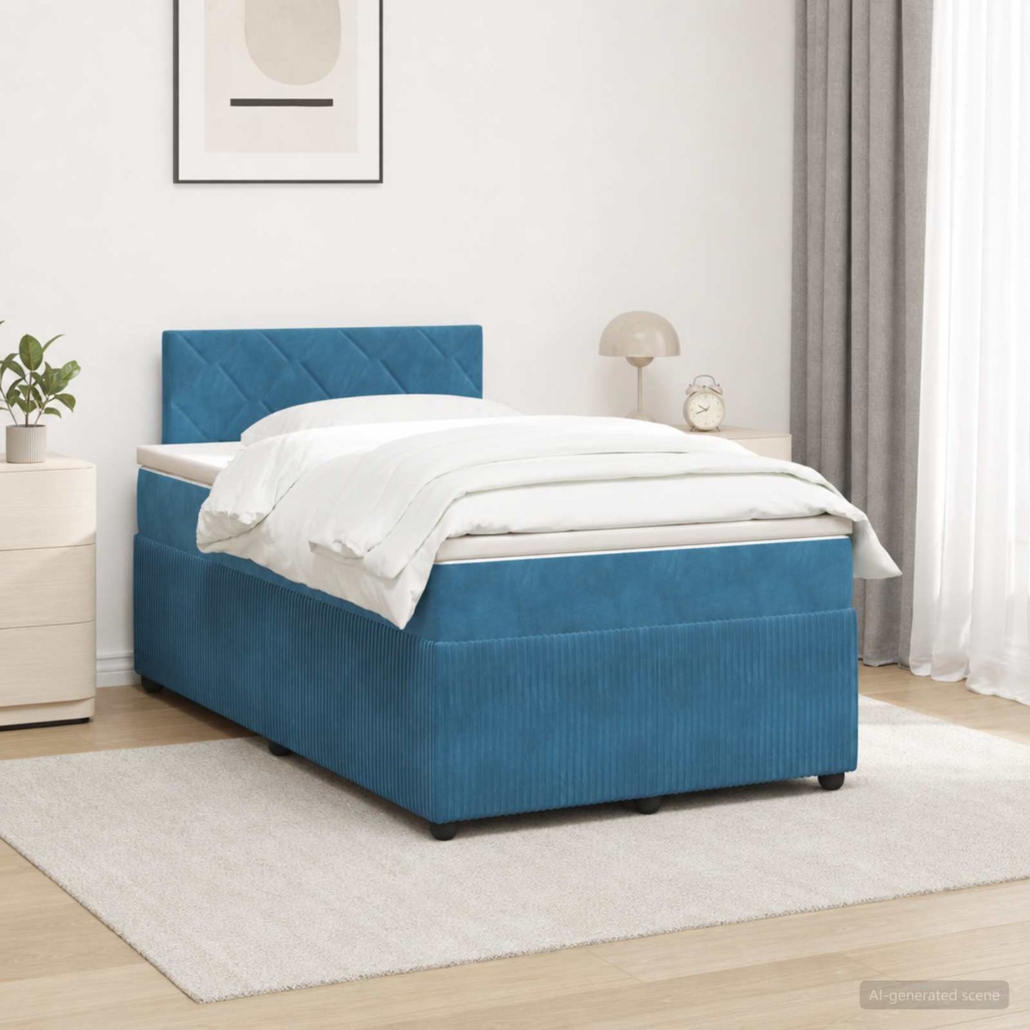 Boxmadras med topmadras med hovedgærde Blå 120 x 190 cm Fløjl