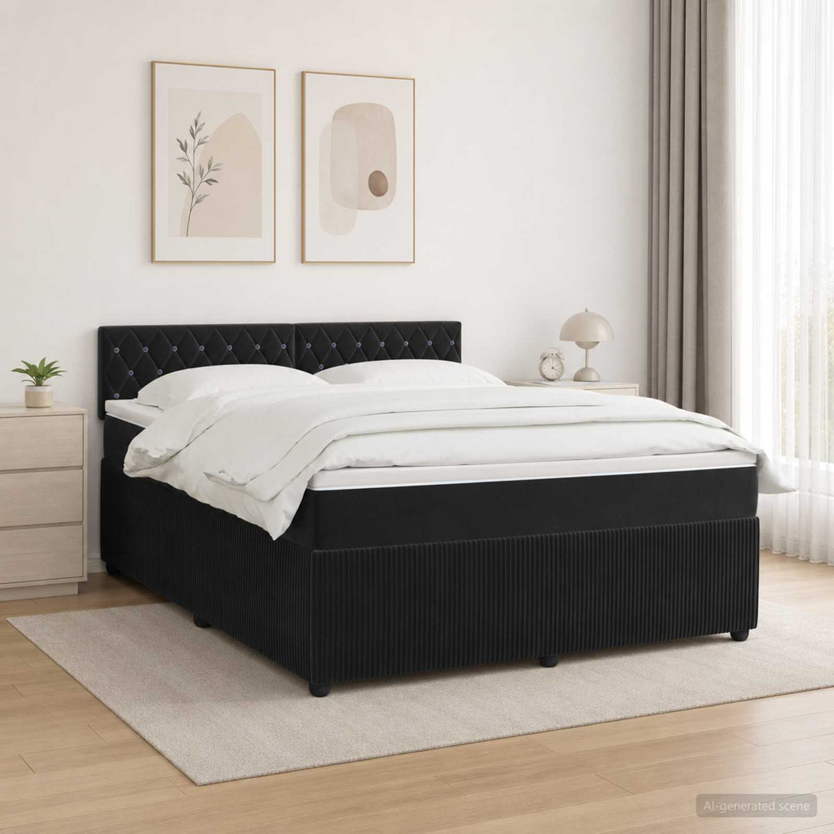 Boxmadras med topmadras med hovedgærde Sort 180 x 200 cm Fløjl