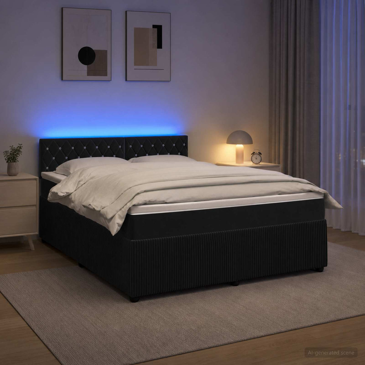 Boxmadras med topmadras med hovedgærde Sort 180 x 200 cm Fløjl
